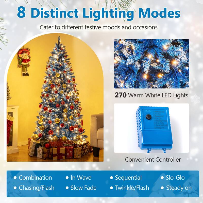 Gymax Pre-Lit Artificial Christmas Tree Blue Hinged Xmas Tree w/