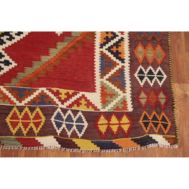 Kilim Qashqai Persian Vintage Rug Flatweave Oriental Red Wool Carpet - 5'0"x 8'2"