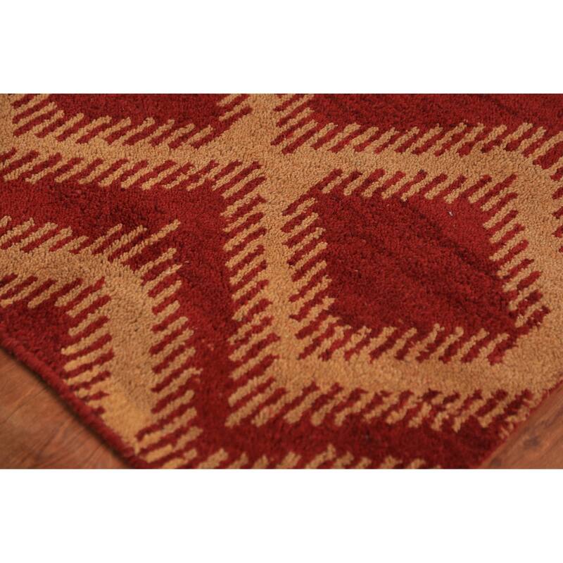 Hand Knotted Oriental 100% Wool Carpet Modern Geometric Red Moroccan Area Rug - 9' 7'' X 7' 11''