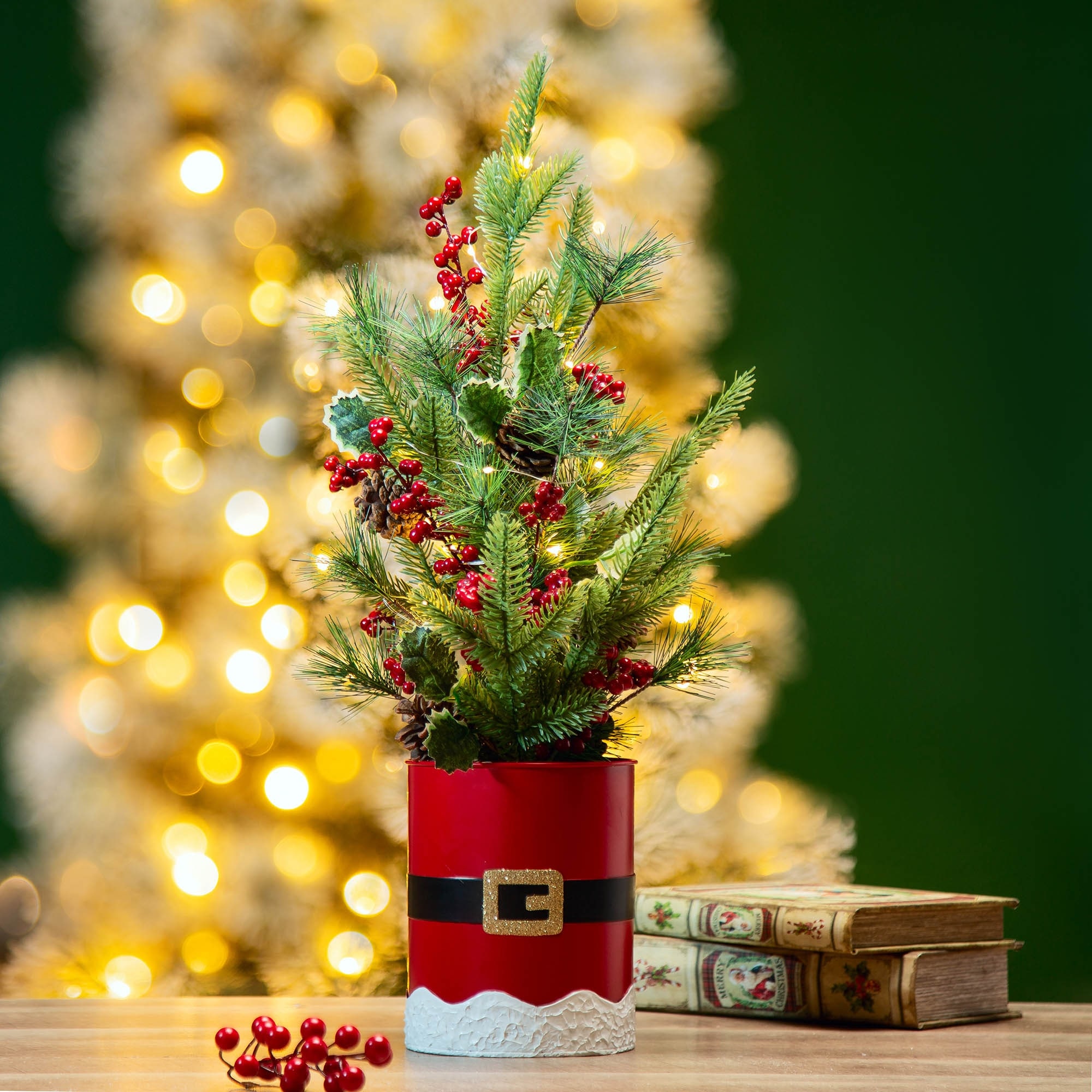 Glitzhome 22"H Lighted Santa Belt Potted Christmas Table Tree