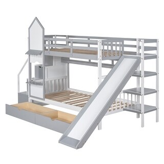 Playhouse Inspired Twin-Over-Twin Castle Style Bunk Bed with 2 Drawers 3 Shelves and Slide