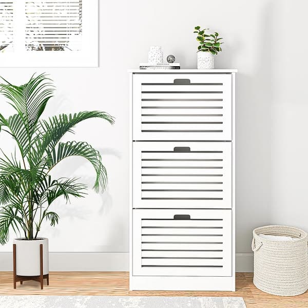 Freestanding Wood Shoe Storage 3 Flip Doors Shoe Rack Bed