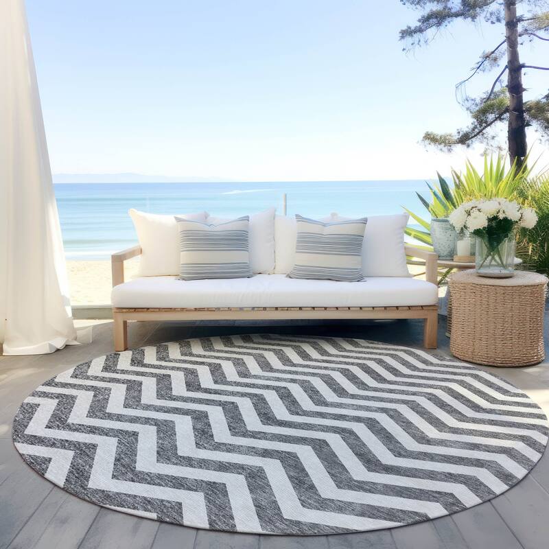Machine Washable Indoor/ Outdoor Chantille Chevron Stripe Rug - Gray - 8' x 8'