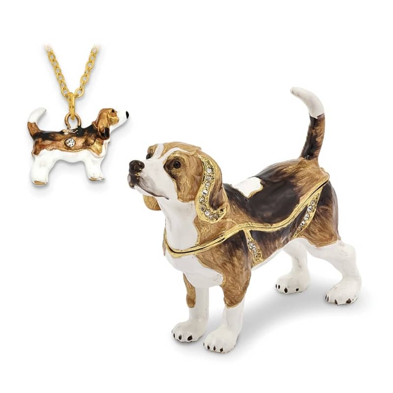 Curata Pewter Bejeweled Crystals Gold-Tone Enameled Beauregard Beagle Trinket Box on 18 Inch Necklace