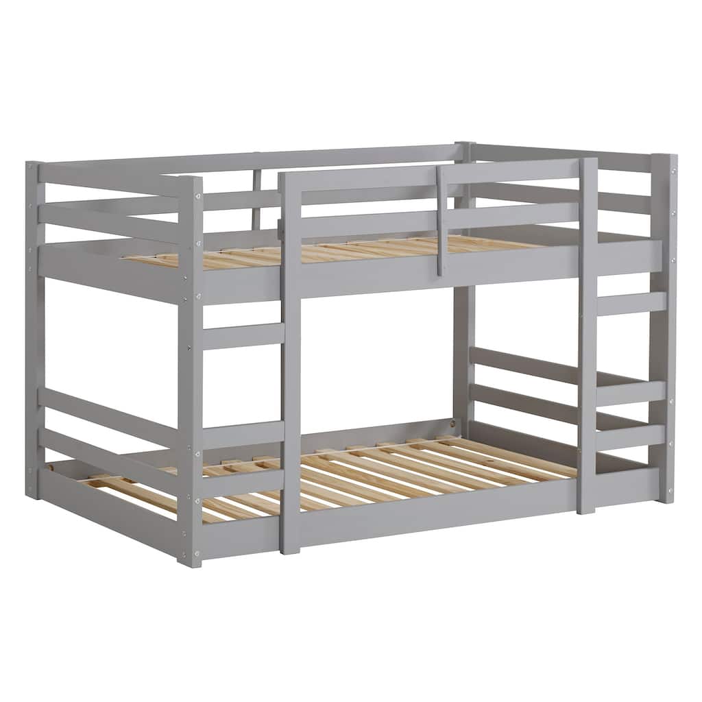Twin-over-Twin Solid Wood Bunk Bed Frame with Guardrails and Dual Ladders
