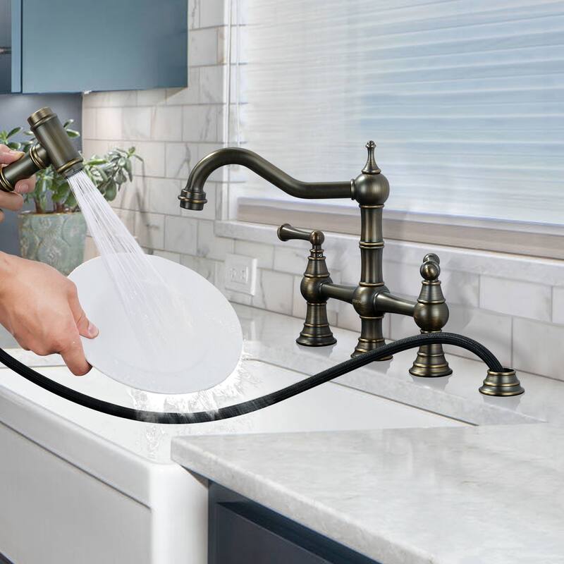 WOWOW Double Handle Bridge Kitchen Faucet with Side Sprayer