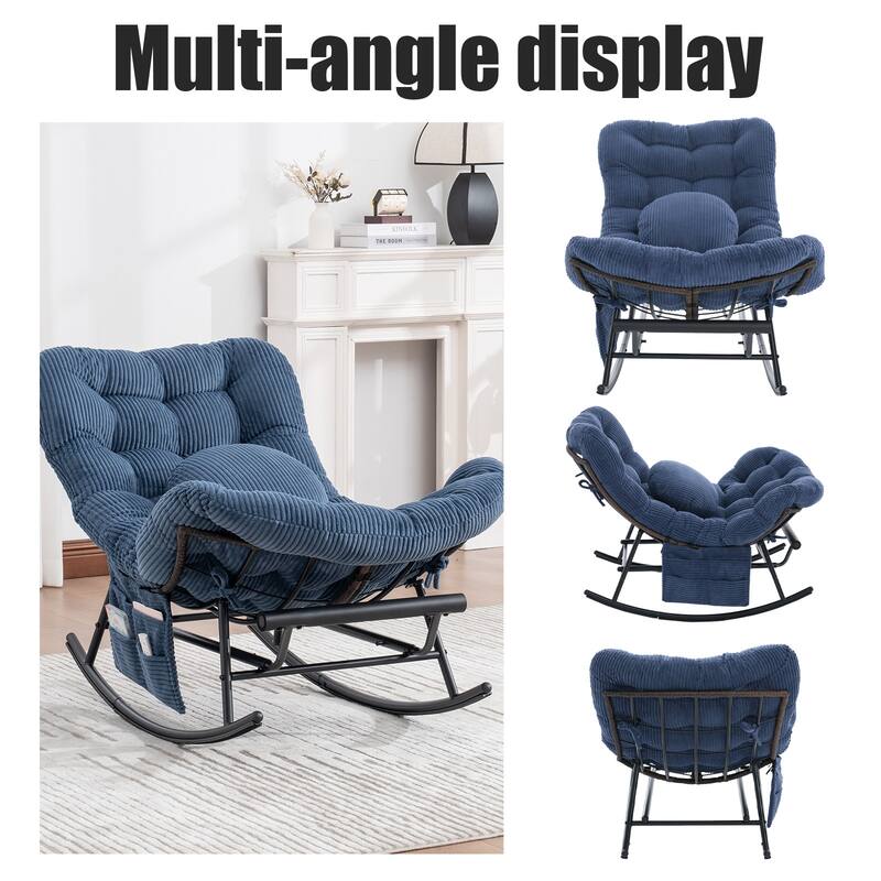 HOMEFUN Corduroy Upholstered Egg Shaped Design Steel Frame Rocking Chair with Side Pocket and Foot Pedal