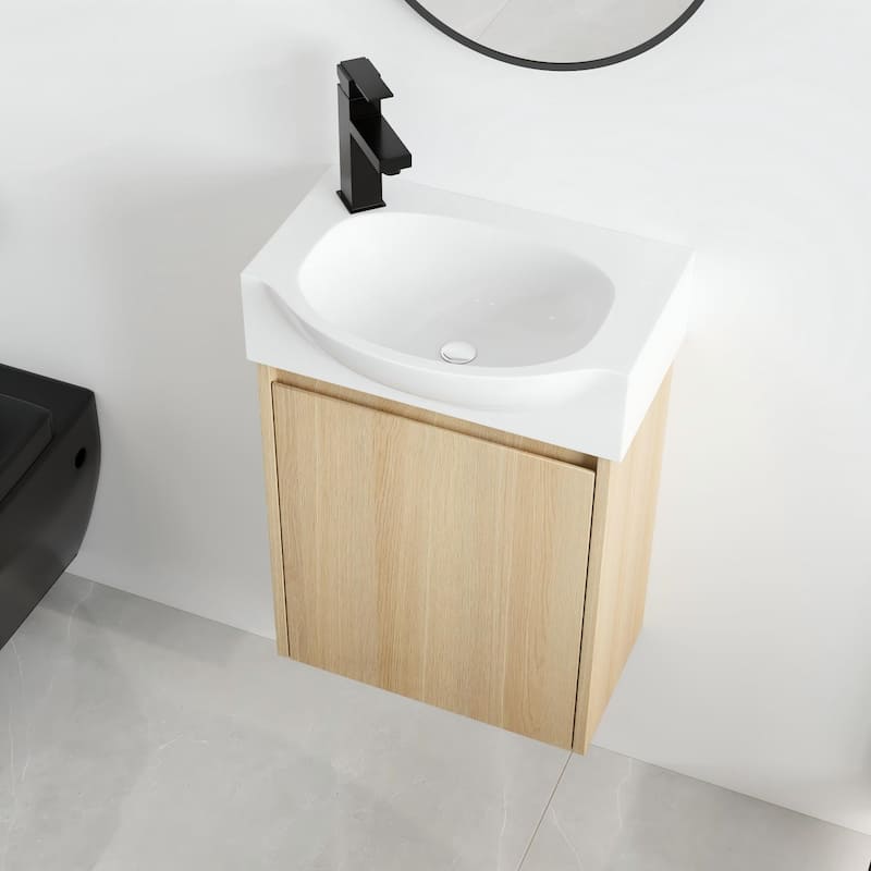 Malwee 16" Floating Bathroom Vanity, Mini Wall Mounted Bathroom Vanity with Ceramic Sink and Soft Close Door - 16"×11"×22" - Beige
