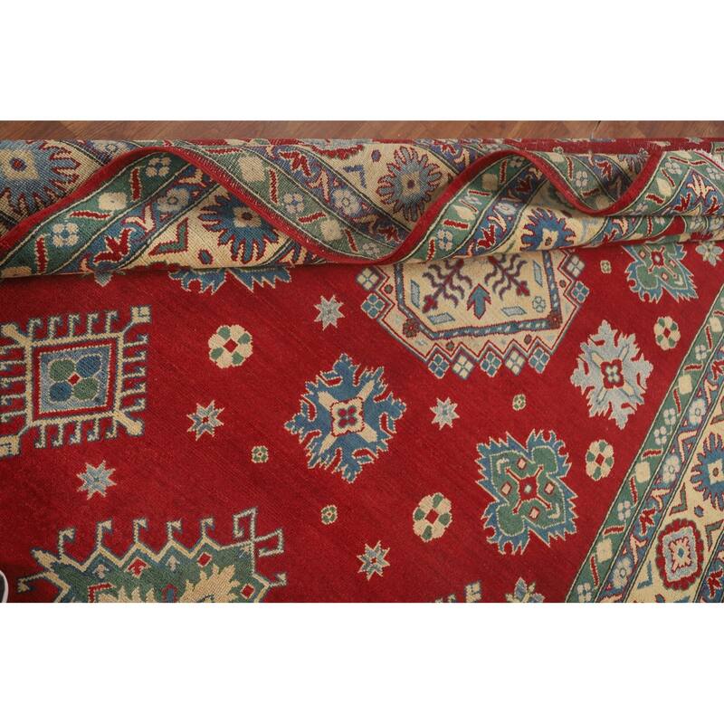Geometric Red Kazak Area Rug Hand-Knotted Oriental Wool Carpet - 6'8" x 10'2"
