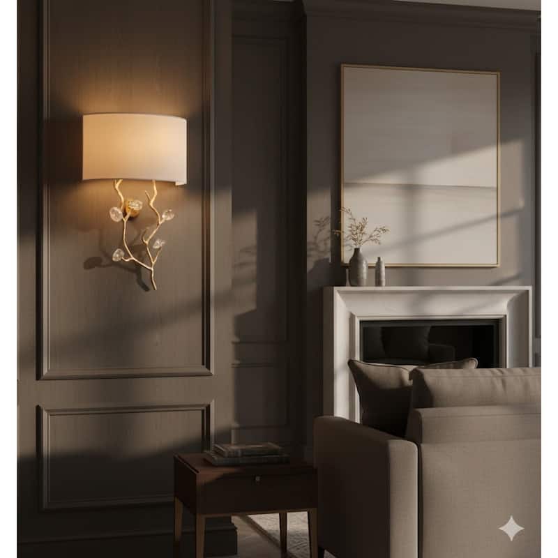 1-Light Gold Wall Sconce With Clear Glass Accents And A Fabric Shade