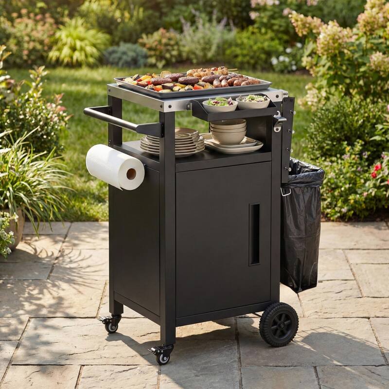33.9 Inch Outdoor Grill Cart with Stainless Steel Top and Storage Cabinet - Black
