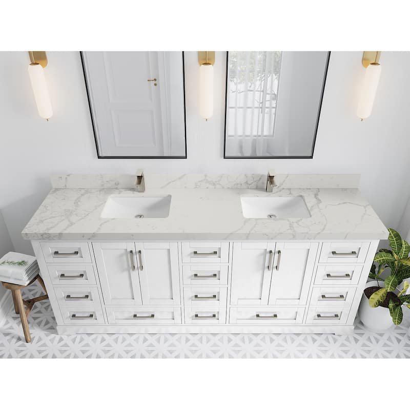 Willow Collection 84 in W x 22 in D x 36 in H Boston Double Bowl Sink Bathroom Vanity with Countertop - 2"Venatino Quartz - White