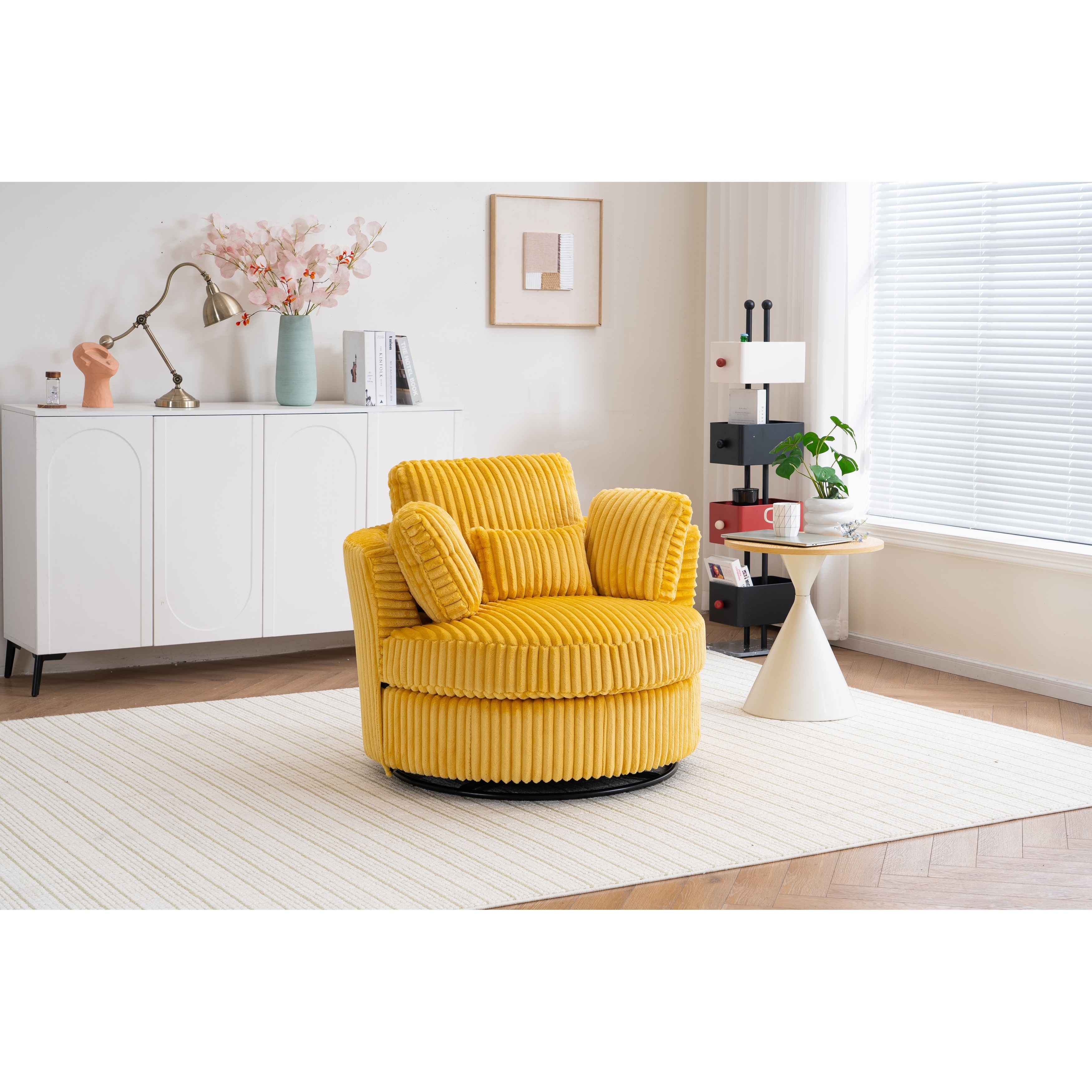 DERCASS Corduroy Swivel Barrel Chair With Pillows – 360° Swivel Accent Chair For Living Room, Office (Beige)