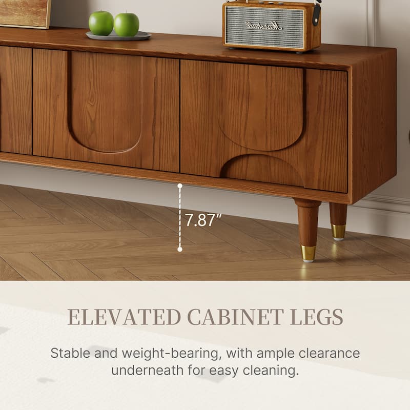 70.87" Mid Century TV Stands, Solid Wood with 4 Cabinets, Brown Media Console for Livingroom