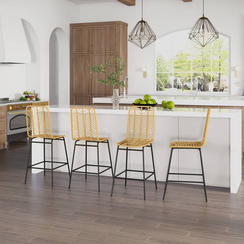 Rattan Bar Stools Kitchen Island Stools Breakfast Bar Stools Set of 4 with Breathable Wicker Seat and Back - Yellow