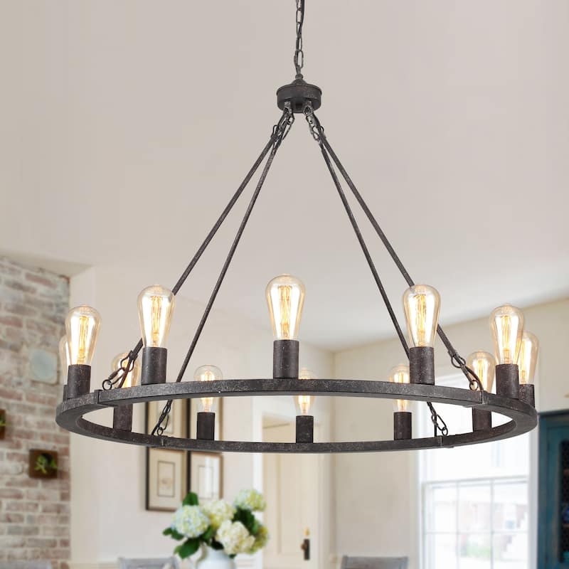 35.43-inch Round Wagon Wheel Chandelier, 12-light Adjustable Chandelier for Living Room Kitchen Island Dining Foyer - Antique Black