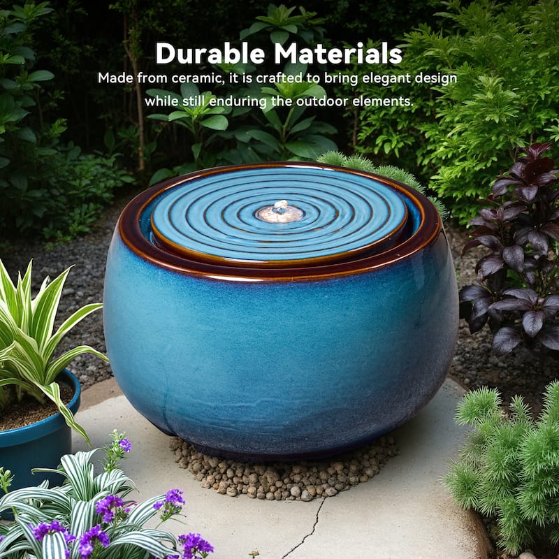 Round Blue Ceramic Water Floor Fountain with LED Light and Pump