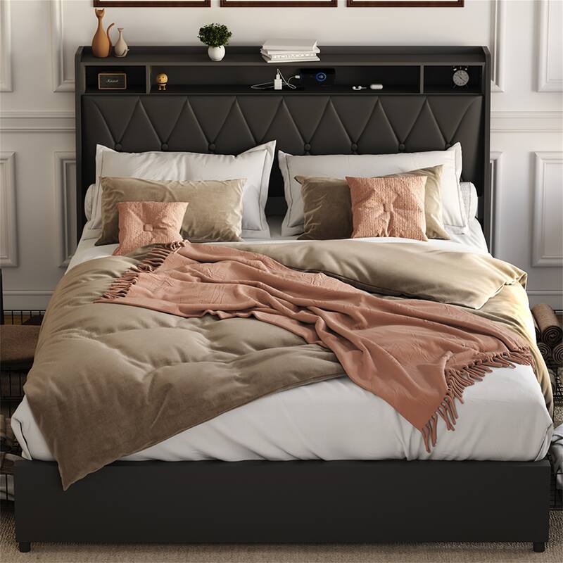 Full Size Bed Frame with Ergonomic Headboard