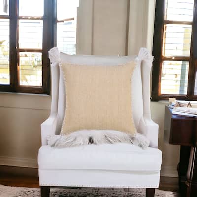 HomeRoots 20" X 20" Brown and White Cotton Zippered Pillow With Embroidery, Tassels