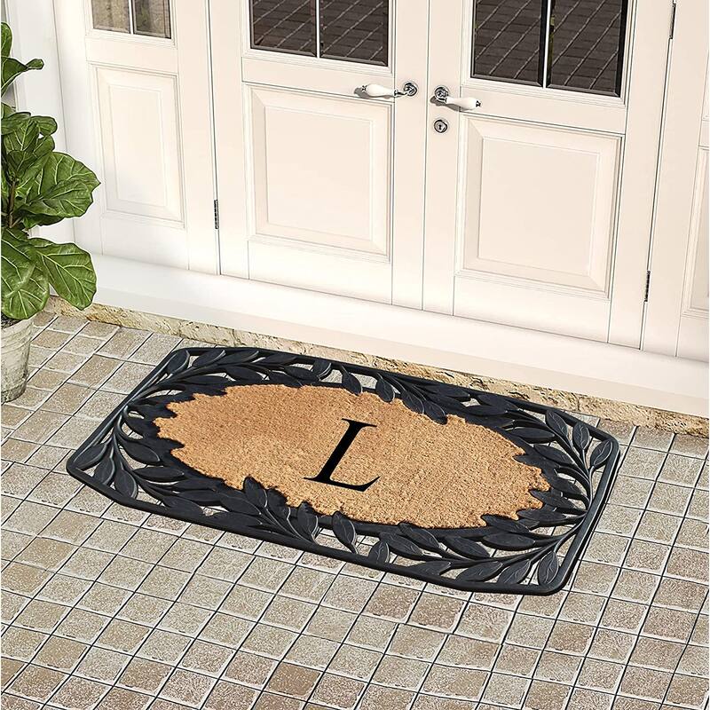 A1HC Rubber and Coir Stylish Leaf Border Large Outdoor Durable Monogrammed Doormat, Black - 23" X 38"