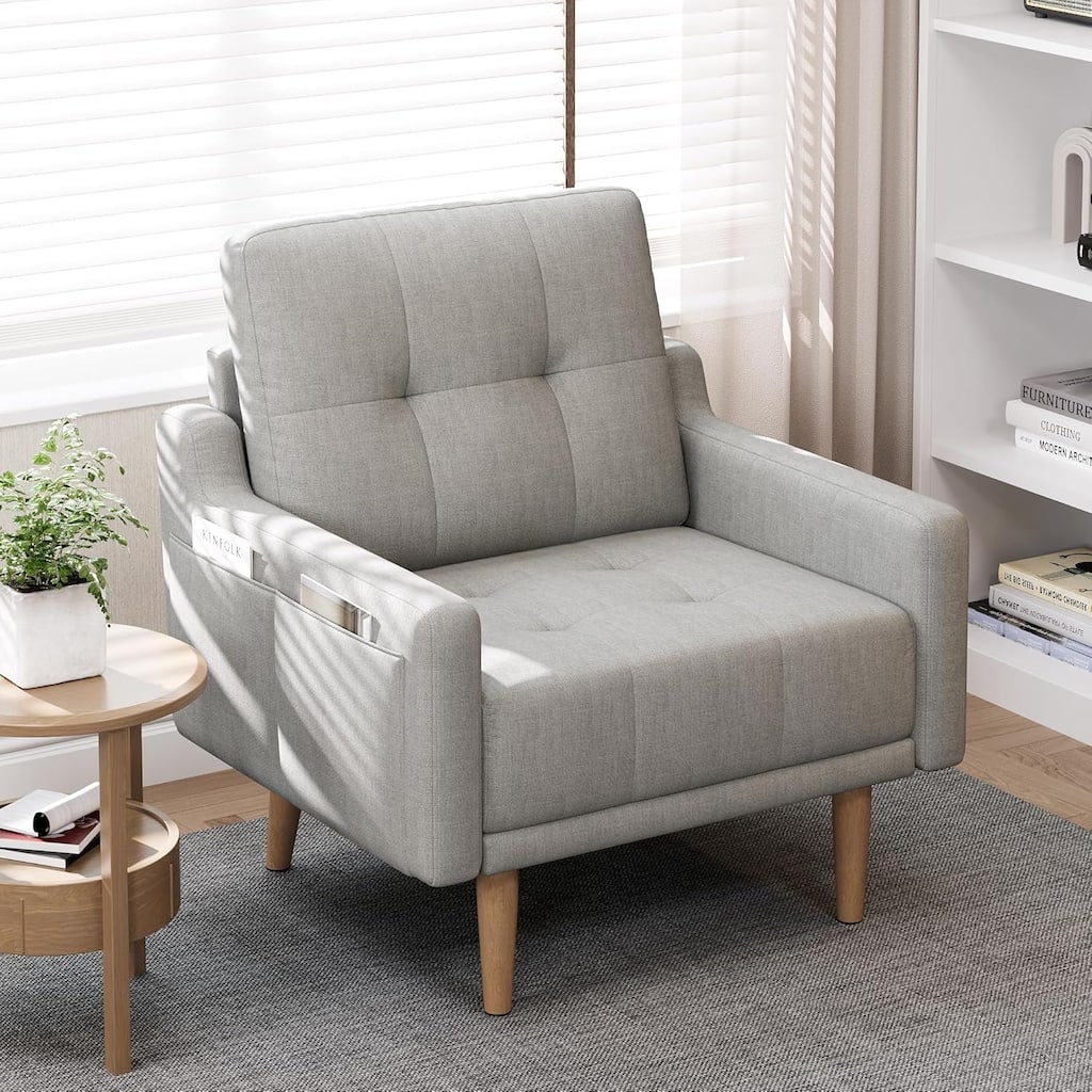 Mid Century Modern Accent Chair,Upholstered Armchair,Comfy Reading Chair with Wood Legs,Fabric Single Sofa Chair