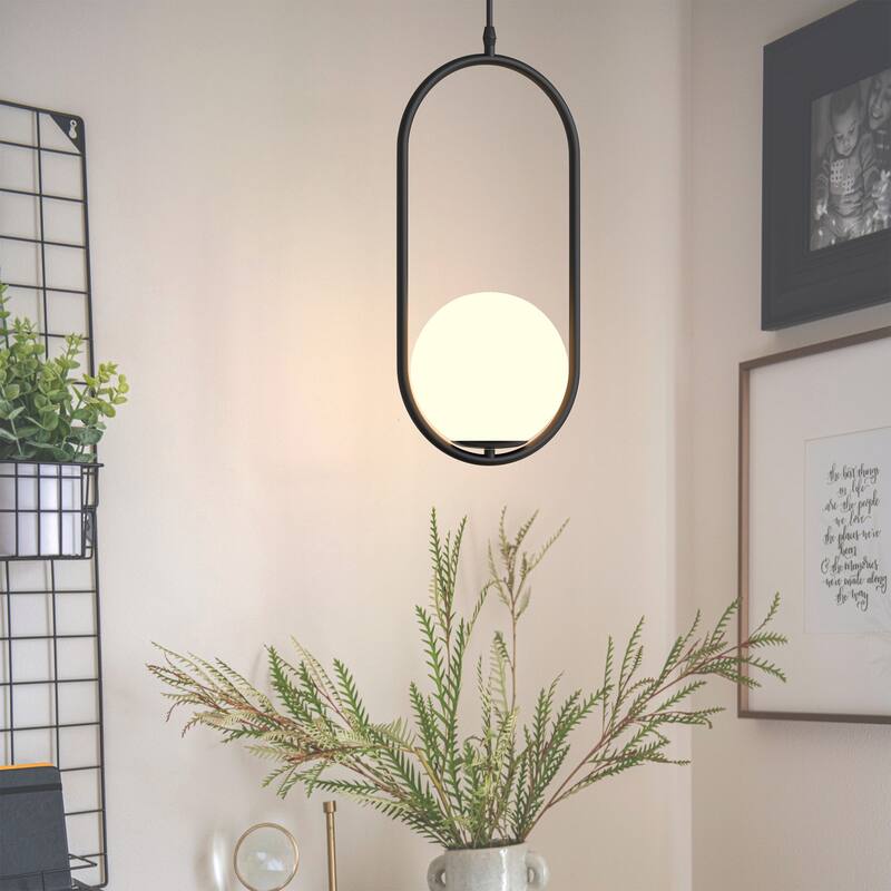 Modern Black Globe Pendant Lighting - 1-Light Hanging Fixture with White Glass Shade for Kitchen, Dining Room, Bedroom