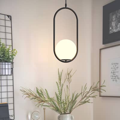 Modern Black Globe Pendant Lighting - 1-Light Hanging Fixture with White Glass Shade for Kitchen, Dining Room, Bedroom