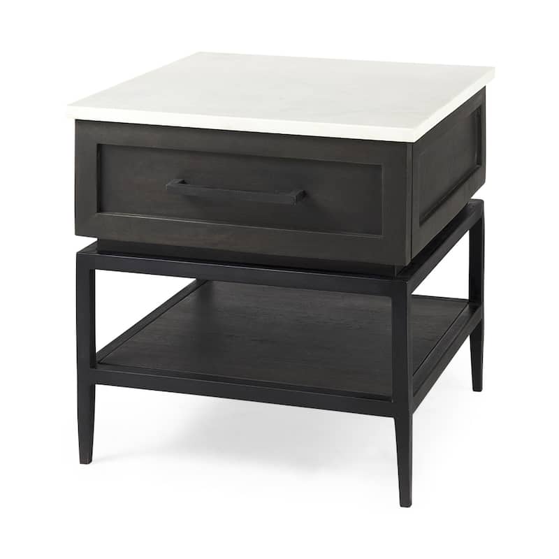 Black White Marble End Table with Drawer and Shelf 22 Inch - 22” x 22” x 22”