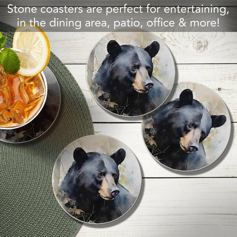 Wilderness Bear 4-Pack Round Absorbent Stone Coasters with Protective Cork Backing Manufactured in The USA