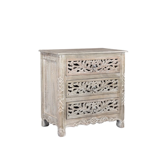 HomeRoots 30" Distressed Gray Three Drawer Floral Carved Solid Wood Nightstand