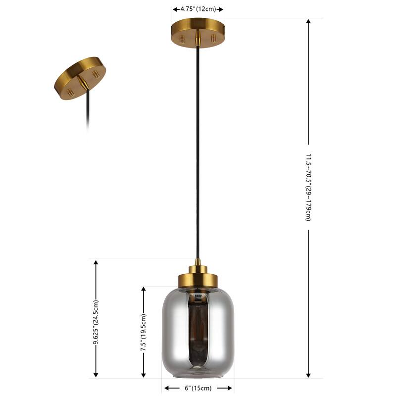 SAFAVIEH Dafinka 6-inch Glass Pendant Light - 6 In. W x 6 In. D x 26268 In. H - Smoke Grey/Brass - 6Wx6Dx71H