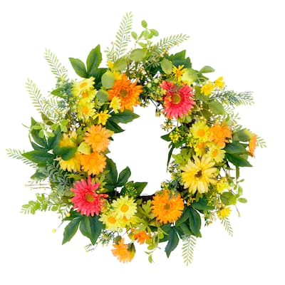 Puleo International 24" Artificial Chrysanthemum Floral Spring Door Wreath, Multicolor