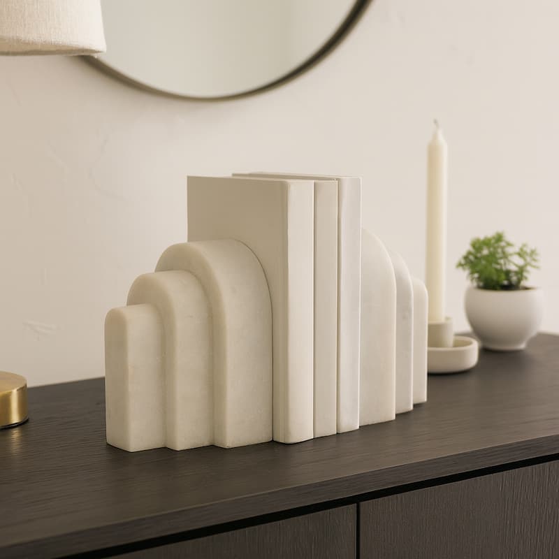 Modern Layered Arched Bookends - Home Desk Decor - Set of 2, 6", White - 6.0" - White - 6.0"