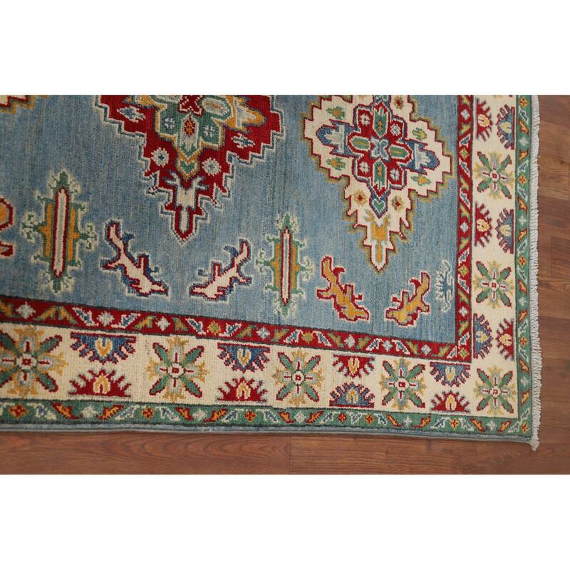 Light Blue Medallion Kazak Oriental Rug Hand-Knotted Wool Carpet - 3'5" x 4'10"