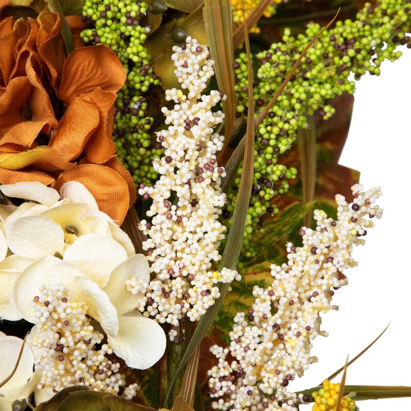 White Orange Hydrangea Artificial Fall Harvest Twig Wreath, 28", Unlit