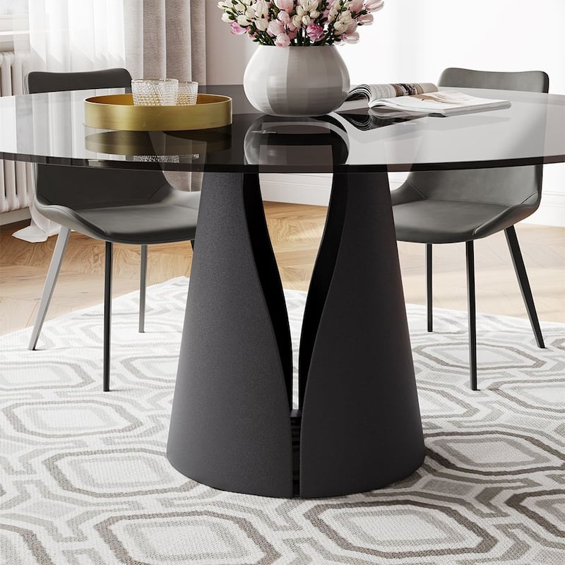 Modern Round White Dining Table，Sintered Stone Tabletop, Solid Black Carbon Steel Base