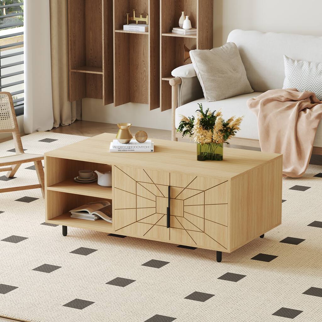 Modern Spider Web Texture Coffee Table Natural Wood Tone Geometric Art Coffee Table with Open Shelves, for Living Room