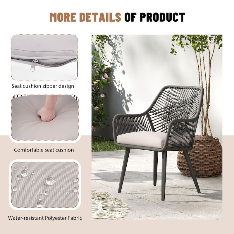 Outdoor Patio Woven Rope Dining Chairs With Armrest and Seat Cushions