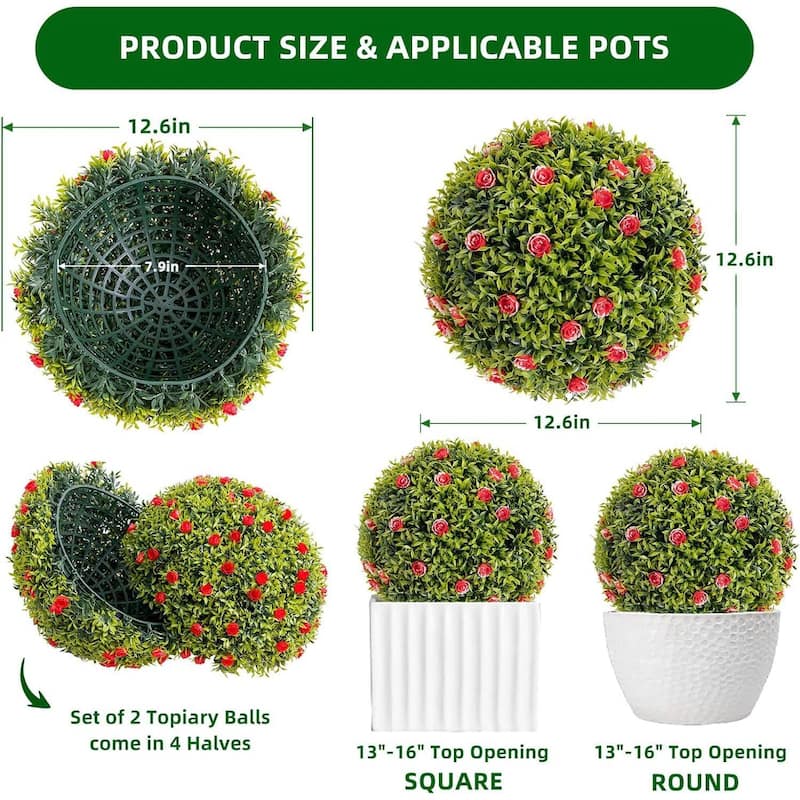 4 Pack 12.5" Artificial Flowers Topiary Balls for Home Decor, Wedding - 12.6 inch