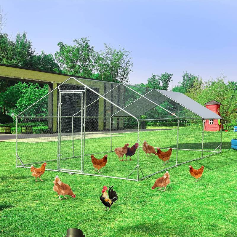 Large Metal Chicken Coop, Outdoor Walk-in Poultry Cage with Waterproof Cover and Secure Lock for Outside,Backyard and Farm - Silver
