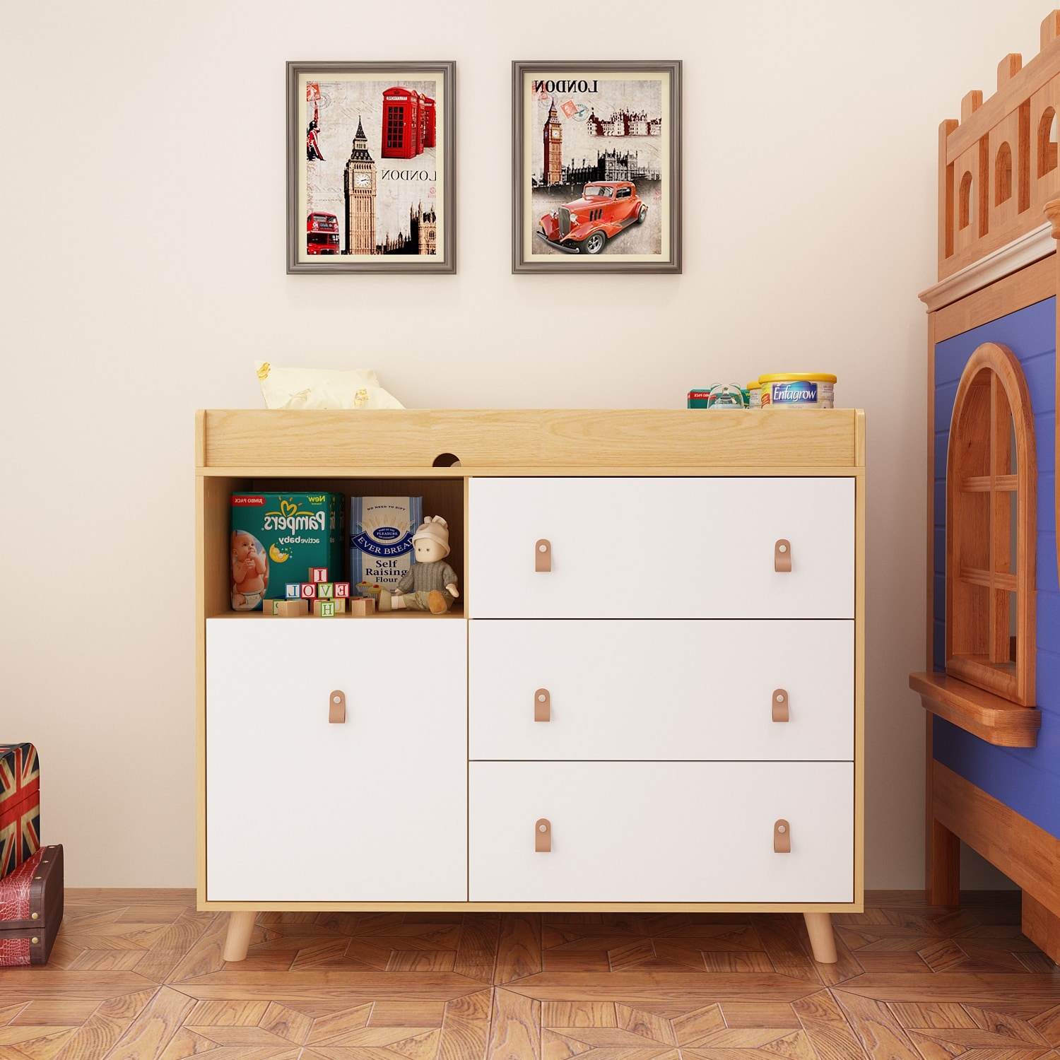 Baby Changing Table Dresser with 4 Drawers Shelf Hidden Trash Storage White Oak 4 drawer