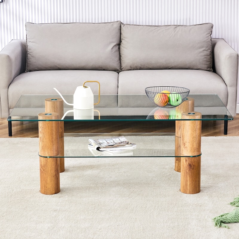 47.2" Modern Rectangular Coffee Table with Tempered Glass Shelf, Sturdy Grip and Thick Base Support
