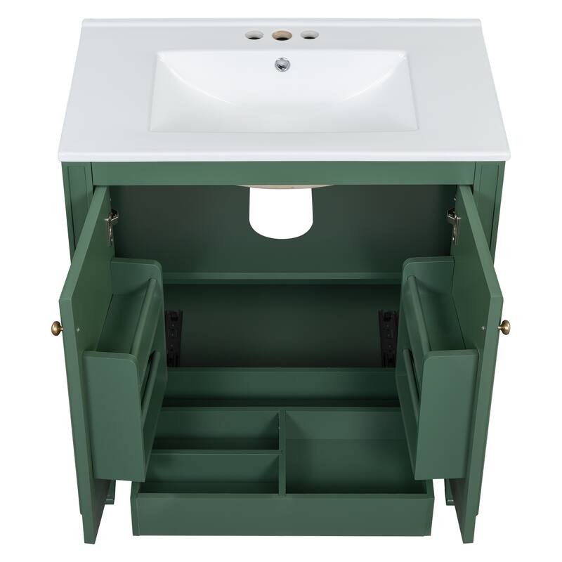 Green 30-Inch Freestanding Vanity with Ceramic Sink, Soft-Close Doors, Adjustable Shelf, and Retro Legs