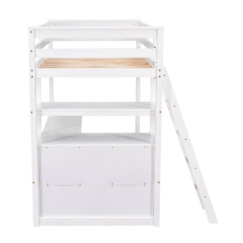 Twin Loft Bed with Desk, Shelves, and Drawers, White