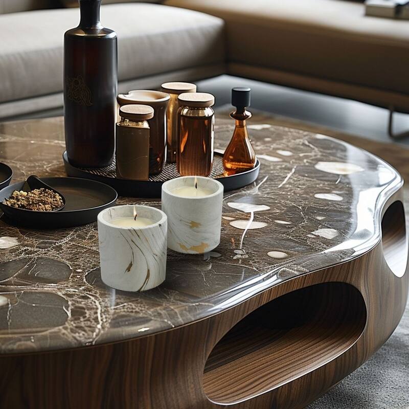 White and Gold Set of Two Marbled Candle Jars 7 Oz Elegant Home Decor