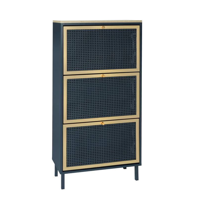 GDFStudio - Honeycomb Metal Rattan Modern Shoe Storage Cabinet with 3 Doors
