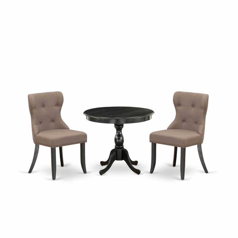 HomeStock 3-Piece Wire Brushed Black Solid Wood Top - Button Tufted Dining Room Set - Seats 4