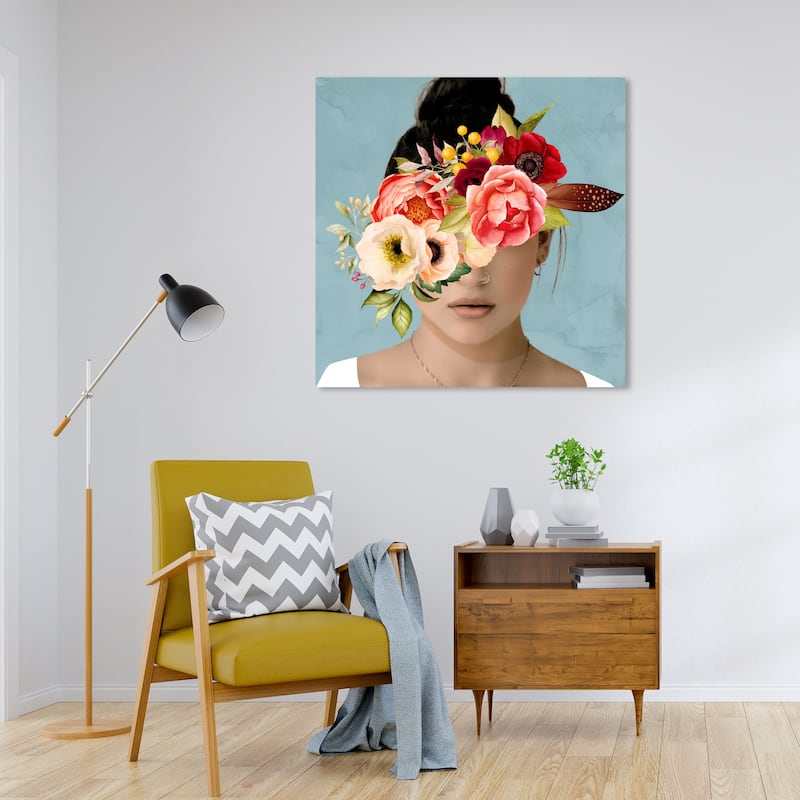Wynwood Studio Canvas People and Portraits Hidden Beneath Florals Blue and Salmon Traditional Wall Art Canvas Print - 30 x 30