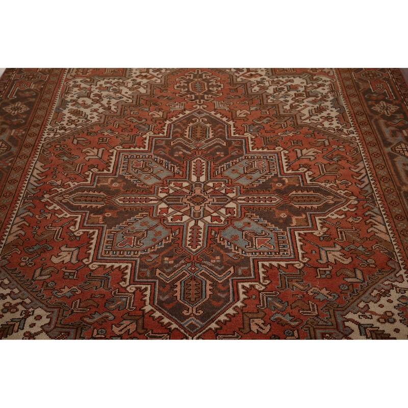 Orange Geometric Heriz Persian Vintage Area Rug Handmade Wool Carpet - 7'2"x 9'8"