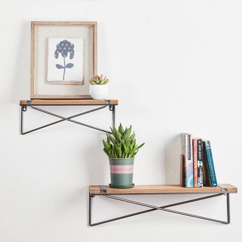 Set of 2 Rustic Metal and Wood Wall Shelves by Glitzhome